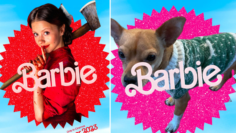 Barbie Movie Poster meme examples depicting mia goth as pearl and a chihuahua in a sweater.