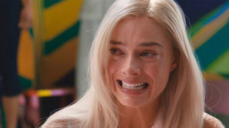 Crying Barbie meme format depicting actress Margot Robbie in tears from the 2023 barbie movie.