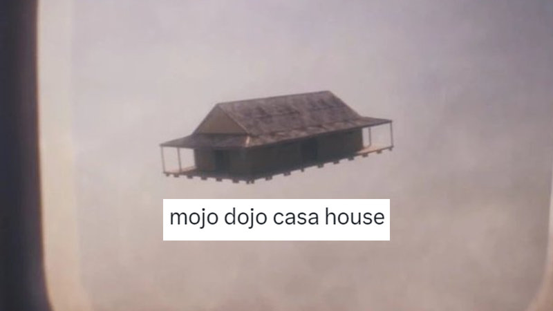 Mojo Dojo Casa House meme depicting a house floating in the clouds outside of a plane window.