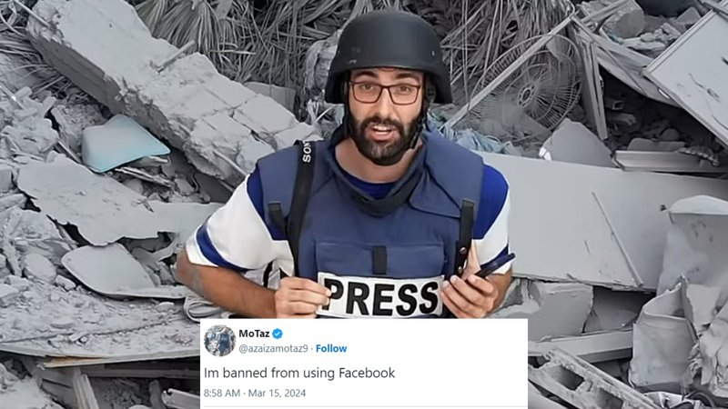 Motaz Azaiza Facebook Ban Controversy depicting the journalist and his tweet about being banned.