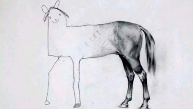 Unfinished Horse Drawing is an exploitable image macro of an illustration of a horse split into two halves, one detailed and the other crude. The image has been used to describe the feeling of being rushed through a task and to express the feeling that something's quality has diminished over time. In 2022, the meme made a comeback on Twitter in the form of the Flaming Horse Rating format in which people rated the quality of various sections of a TV or movie series in a similar style.